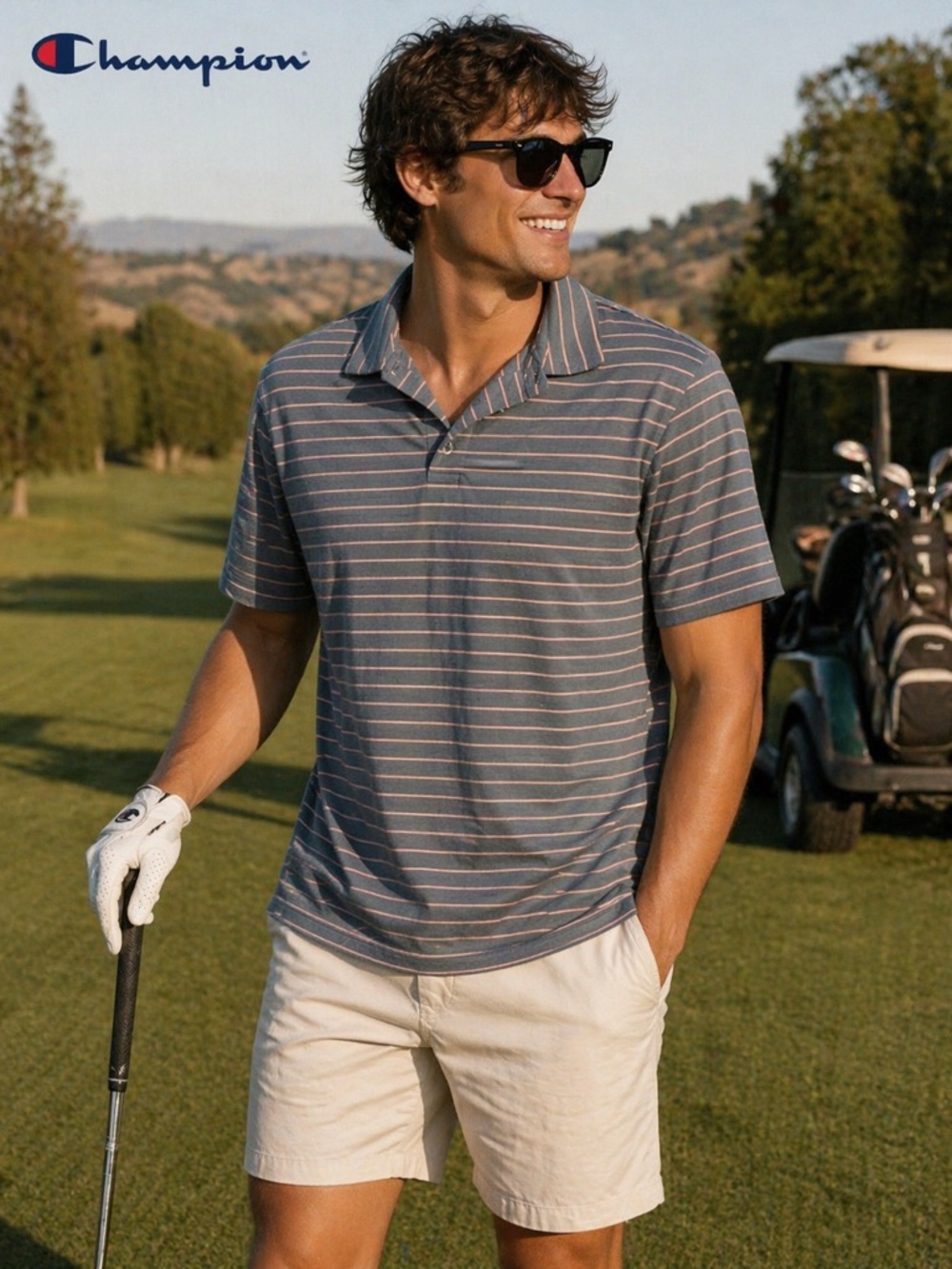 Champion Men's Gray Polo with Pink-Striped Detail